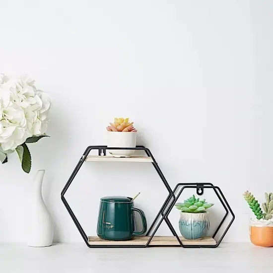 Black Natural 2 Tier Hexagon Metal Wood Geometric Floating Shelf Decorations {3}
