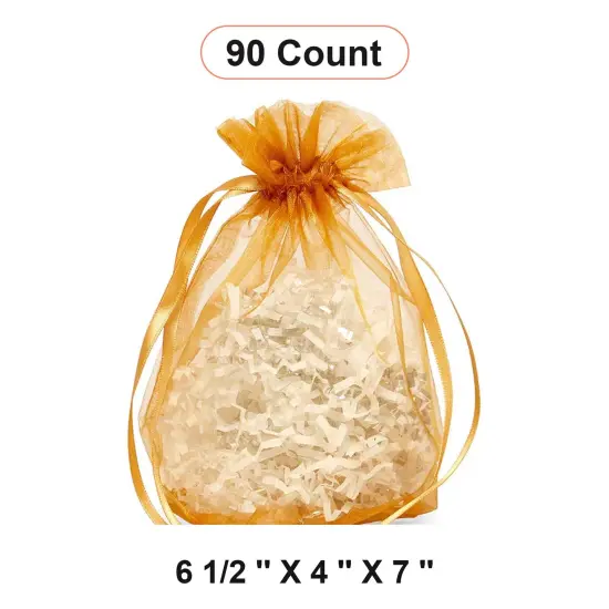 Wide Round Flat Bottom Organza Bags 6 1/2 '' X 4 '' X 7 '' for Gifts Wrapping Gold {1}
