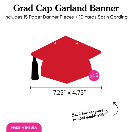 Big Dot of Happiness Red Graduation Cap Garland Banner, Grad Decor, High School or Elementary Photo Backdrop, 10 Feet of Cord, 15 Hats with Tassels {5}