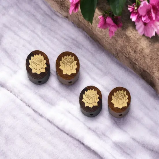 *5* 15x7mm Rosewood covered Brass Lotus Flower Coin Beads {3}