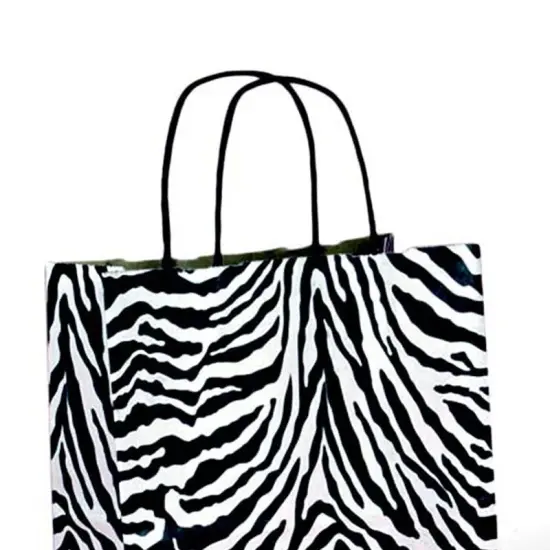 Printed Paper Shopping Bags with Brown Interior Compact 6" x 3 1/4" x 8 3/8" {4}