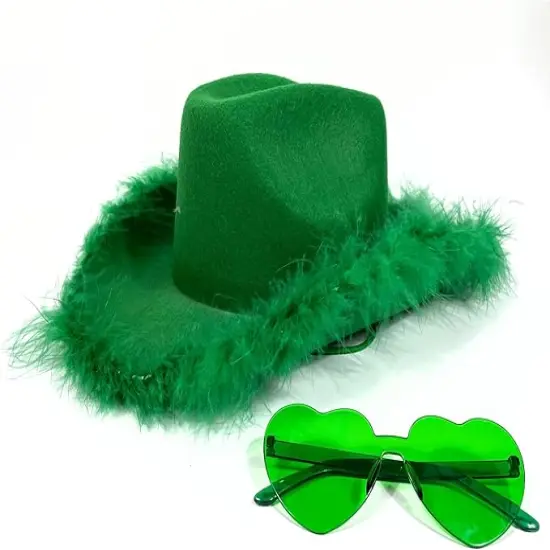 4E&rsquo;s Novelty Green Cowboy Hat with Feathers & Heart-Shaped Sunglasses - Perfect Cowboy Outfit Accessory, Cowboy Hat for Party Costume Dress Up {2}
