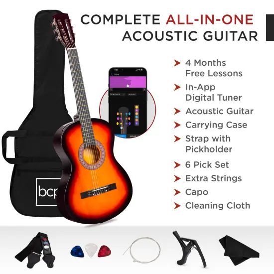 Best Choice Products 38in Beginner Acoustic Guitar Starter Kit w/ Gig Bag, Strap, Strings Sunburst {3}