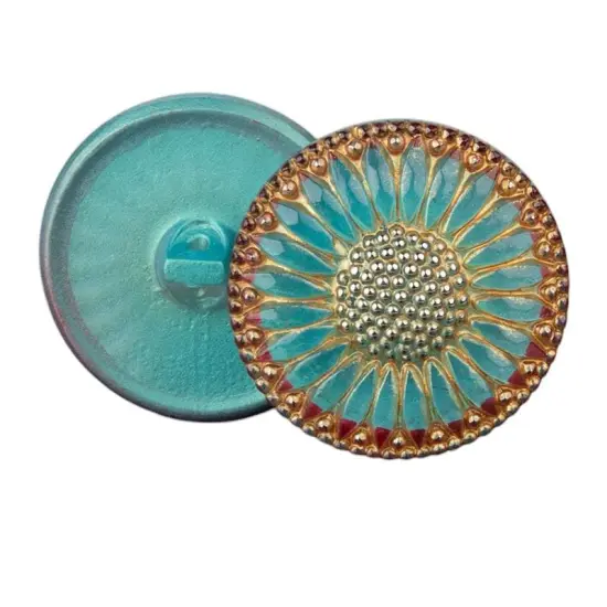 32mm Round Sunflower Aqua Blue Coral Red Rim with Gold Wash and Platinum Paint {2}