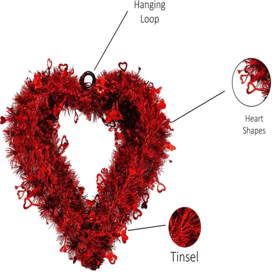 4E's Novelty 14" Valentines Wreath - Tinsel Wreath with Red Heart Design, Perfect Front Door Wreath, Sparkly Hanging Wreath for Romantic Decor {3}