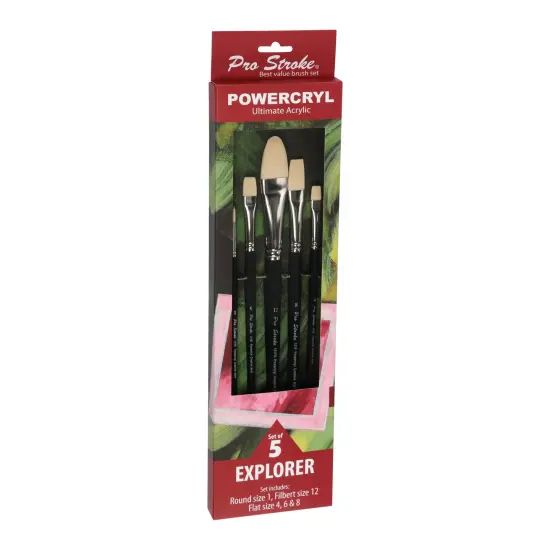 Creative Mark Pro-Stroke Powercryl Acrylic Paint Brushes - Explorer Value Set of 5 Assorted Shapes, Synthetic Brushes for Artists, Seamless Nickel-Plated Ferrules, Matte Black Handle, Soft-Touch Grip {5}