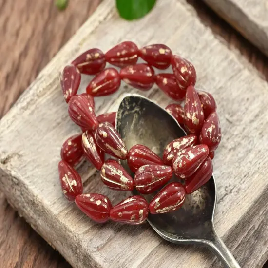 *10* 13x8mm Antique Gold Splattered Red Opaline Melon Drop Beads {4}