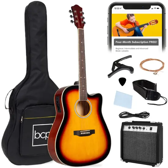 Best Choice Products Beginner Acoustic Electric Guitar Starter Set 41in w/ All Wood Cutaway Design, Case Natural {7}