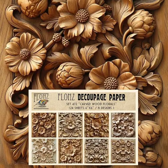 Decoupage Paper Pack (24 Sheets 6"x6") Carved Wood Florals # Vintage Styled Pattern Paper for Decoupage, Craft and Scrapbooking {1}