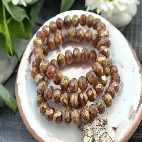 *25* 6x8mm Blended Red Ivory Picasso Fire Polished Rondelle Beads {1}