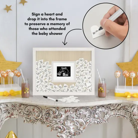 Americanflat 12x16 Baby Shower Guest Book with 80 Heart Tokens - Fits 3x4 Baby Sonogram or Photo - Includes Pink and Blue Mats {4}
