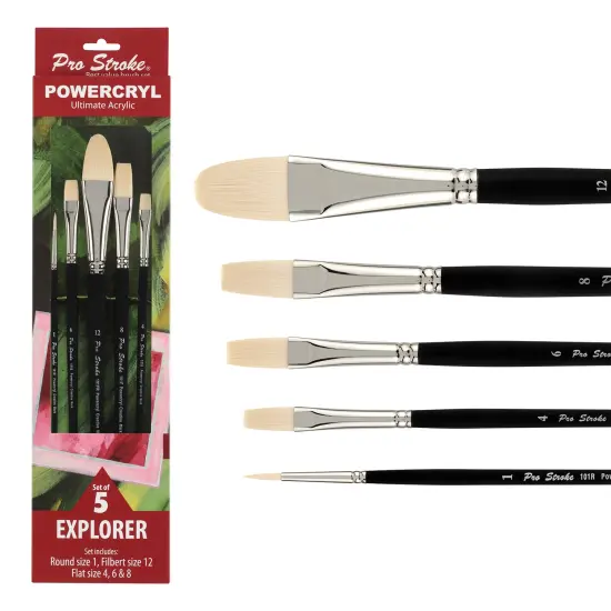 Creative Mark Pro-Stroke Powercryl Acrylic Paint Brushes - Explorer Value Set of 5 Assorted Shapes, Synthetic Brushes for Artists, Seamless Nickel-Plated Ferrules, Matte Black Handle, Soft-Touch Grip {1}