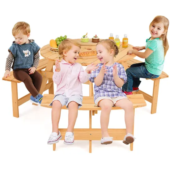 Natural Fir Wood Round Kids Picnic Table Set with Benches and Umbrella Hole {4}