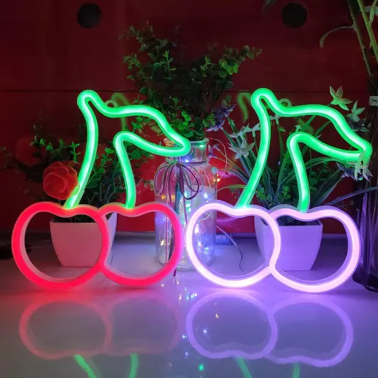 Summer Cherry Neon Sign, USB or 3-AA Battery Powered Neon Light, LED Table Decoration, Bedroom Wall Decoration, Birthday Gift, Wedding Supplies Business Gift (Green+Pink) {3}