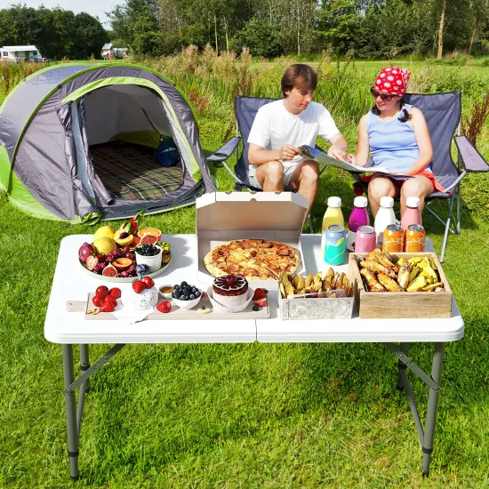 White 4 Feet HDPE Portable Rectangular Camping Table with Metal Legs and Height Adjustable {2}