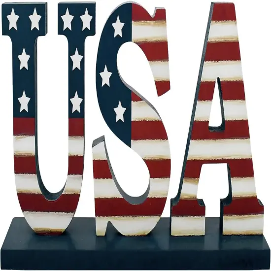 4th of July Wood Patriotic USA Sign Memorial Day Tabletop Decoration Free Standing Wooden Word Cutout US Flag Letters Centerpiece Sign for Independence Day Veterans Party American Decor {1}