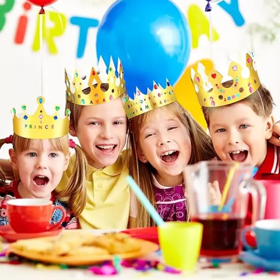 63 pcs Paper Crowns Princess Prince Crown Kids Birthday Party King Hats Gold gem Jewels Number Letter Stickers {4}