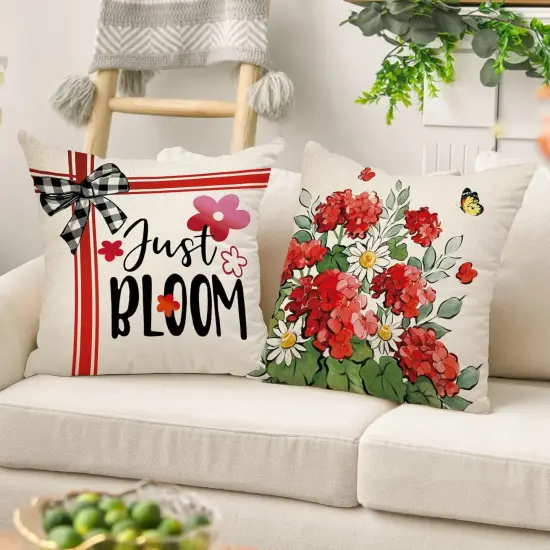 Just Bloom Geranium Daisy Flower Floral Cushion Case Decor, Buffalo Plaid Check Truck Farmhouse Home Decoration for Sofa Couch {4}