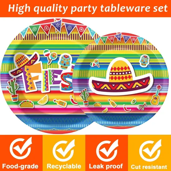 96 Pieces Fiesta Party Decorations Mexican Plates Tableware Set for Cinco De Mayo Party Decorations Supplies Mexican Themed Paper Dessert Plates Napkins Forks for 24 Guests Birthday Party Favors {4}