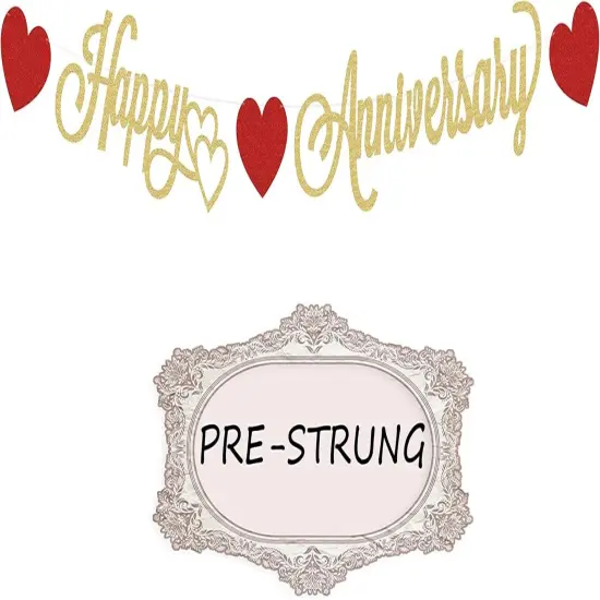 Pre-Strung Happy Anniversary Banner - Gold Glitter Decorations {1}