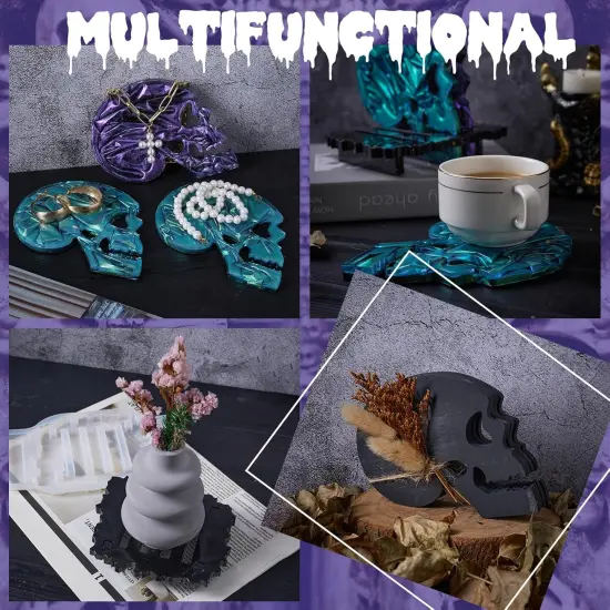Halloween Skulls Silicone Coaster Molds 4pcs with 1pcs Matching Holder {3}