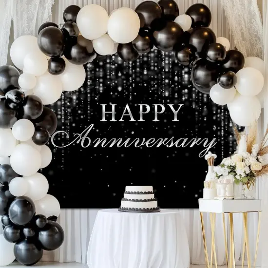 (7x5ft) Happy Anniversary Backdrop Black Silver Anniversary Background {3}