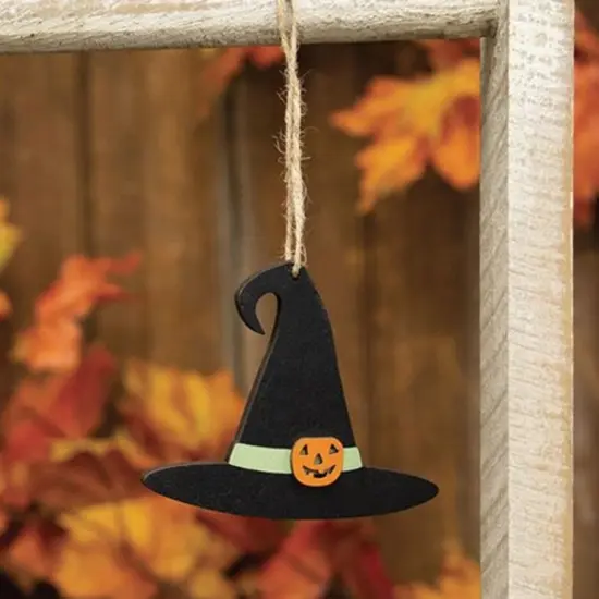 Halloween Witch Black Hat Ornament with Pumpkin Accent Rustic Wooden Hanging Jack O Lantern Sign {2}