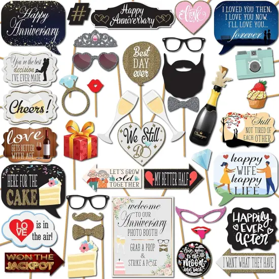 Anniversary Photo Booth Props - 41-Piece Kit with 8x10 Sign, Sticks & Adhesive Pads {1}