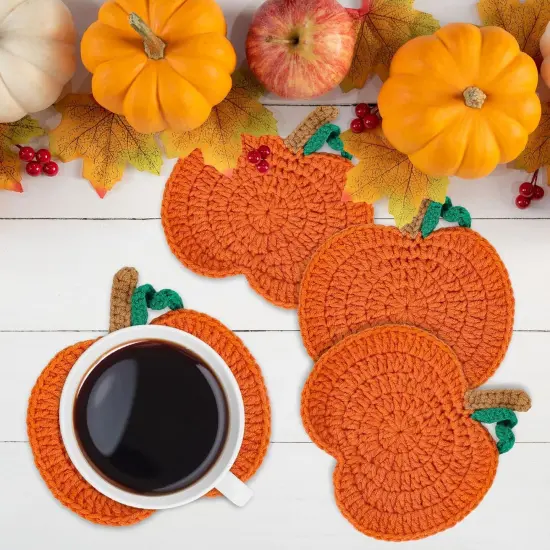 4 Pack Fall Pumpkin Coaster Handmade Crochet Drink Coaster {3}