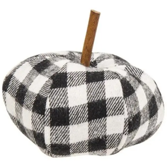 Black White Buffalo Check Fabric Pumpkin with Wooden Stem Freestanding Fall Accent Decor {2}
