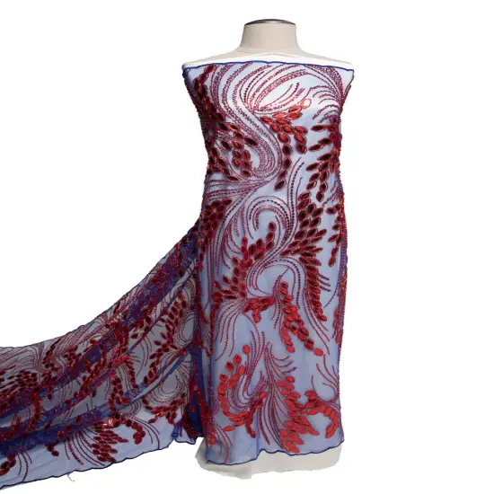 1 Yard Embroidered Tulle Lace Fabric with Sophisticated Pattern, 52&Prime; Wide Royal/Red {4}