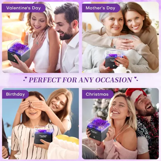 Lighted Preserved Real Rose with Heart Necklace - Violet {3}