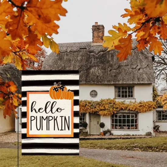 Hello Pumpkin Fall Garden Flag 12 x 18 Inch Watercolor Stripes Double Sided {3}
