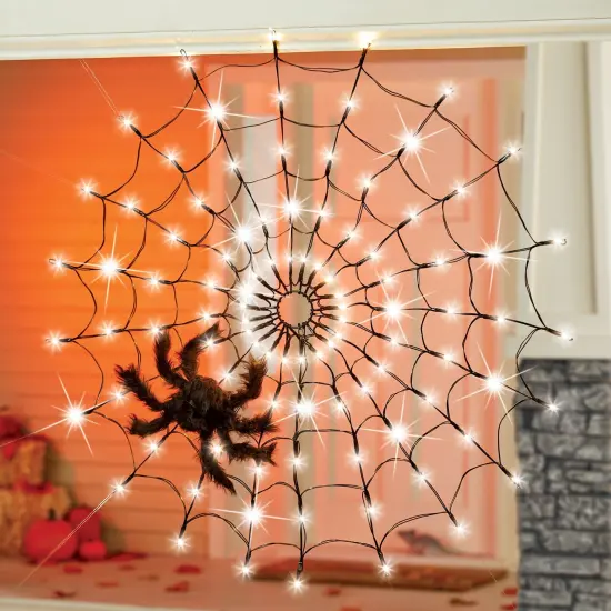 Collections Etc LED Lighted Halloween Spider Web Lights with Spider and Remote Control {1}