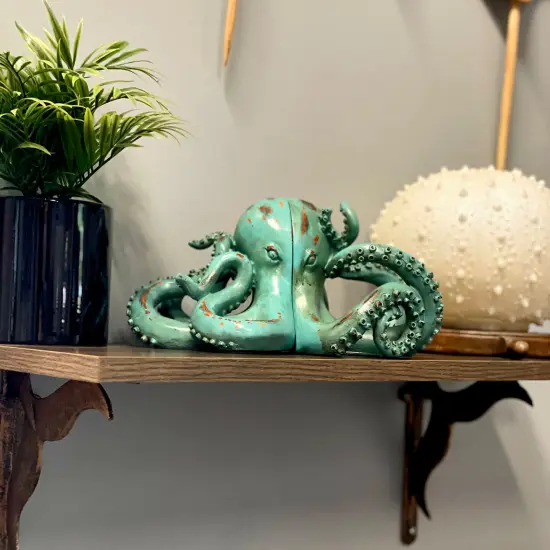 Aqua Green Octopus Bookends Set of 2 Nautical Polyresin Coastal Shelf Decor {5}