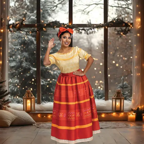 Women&rsquo;s Deluxe Dolores Madrigal Costume Ankle Length Dress Bow Headpiece {1}