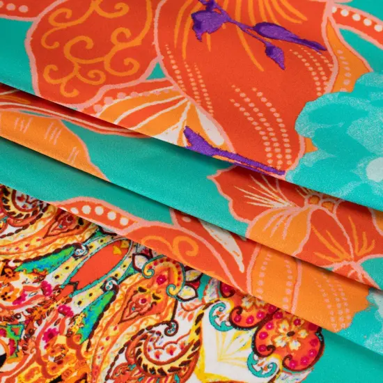 1 Yard Orange Dark Mint Purple Silk Charmeuse Print Floral Abstract Stripes Made in Italy Width 53" {4}