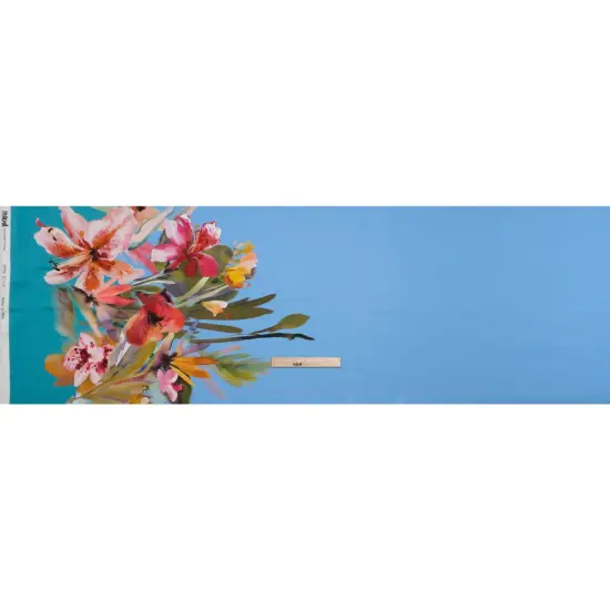 1 Yard Blue Teal Multicolor Silk Charmeuse Print Watercolor Floral Border Made in Italy Width 53" {3}