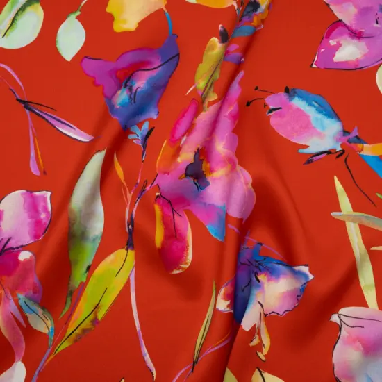 1 Yard Red Rainbow Silk Charmeuse Print Illustrated Watercolor Flowers Made in Italy Width 53" {1}
