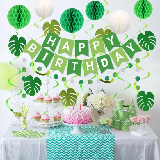 Green Birthday Party Decorations - Happy Banner with Honeycomb Balls {4}