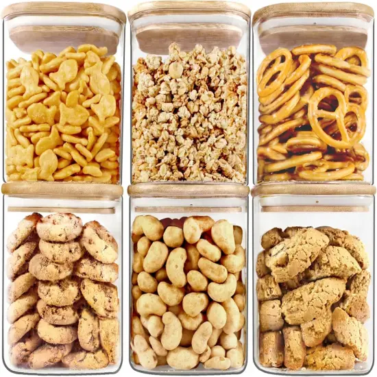 Glass Jars with Bamboo Lids, Square Glass Jar with airtight lids, 6 pack of 28oz, Food Storage Containers with bamboo lids, Panty Jars {1}