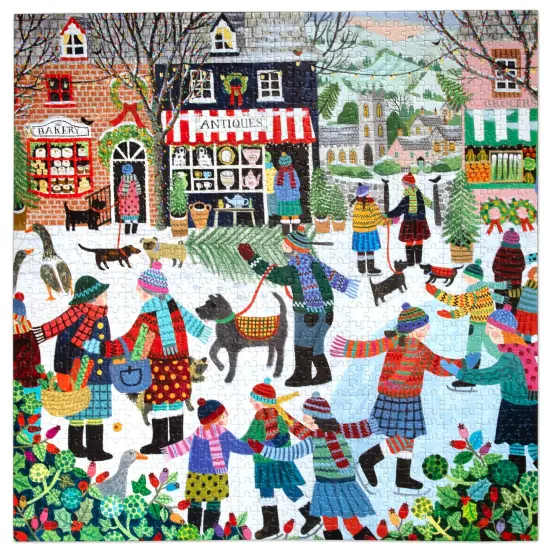 eeBoo Piece & Love: Christmas in the Square - 1000 Piece Puzzle, 23" Square Adult Jigsaw, Cozy Small Town Holiday Winter Scene, Image Reference Insert {4}
