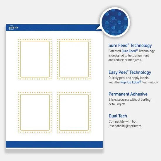 Avery Printable Rectangle Labels, Gold Border with Gold Dots, 4" x 3-1/3", Matte White Rectangle Labels, Permanent, Laser/Inkjet, 40ct, Great for Product Labels {3}