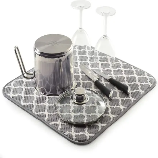 Norpro 16" x 18" Washable Microfiber Dish Drainer Glass Drying Mat Pad - Grey Trellis Pattern {2}