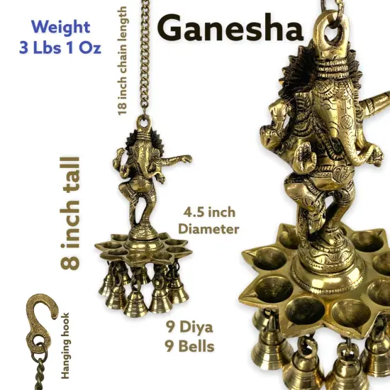 Brass Ganesha Wall Hanging Diya with Bells Ganesh Hanging Idol Oil Lamp Diya for Home Temple Mandir Office Diwali Decor Kathu Vilakku Puja Diyas - Deepawali Housewarming Return Gifts {4}