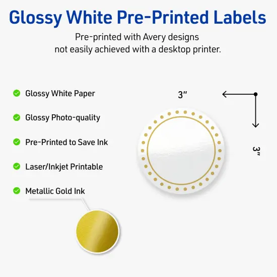 Avery Printable Round Labels, Gold Border with Gold Dots, 3" Diameter, Glossy White Round Labels, Permanent, Laser/Inkjet, 60ct, Great for Product Labels {2}