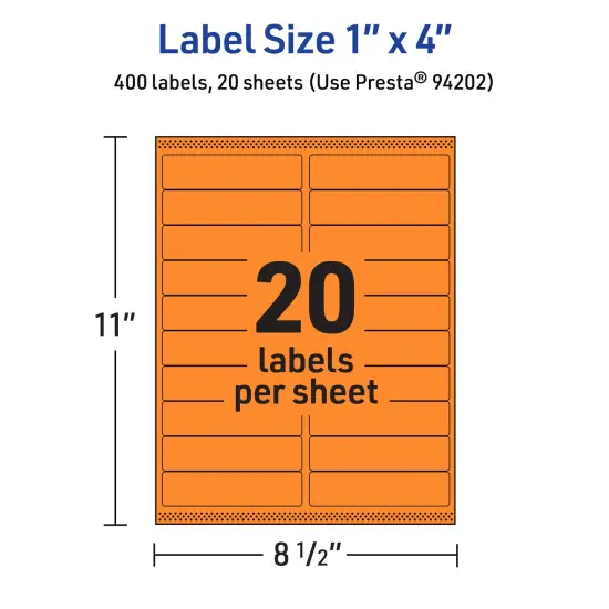 Avery Bright Orange Paper Labels, 1" x 4" Rectangle {5}
