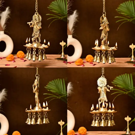 Brass Krishna Wall Hanging Diya with Bells & Chain Krishna Hanging Idol Oil Lamp Home Temple Mandir Office Diwali Decor Kathu Vilakku Puja Diyas - Deepawali Housewarming Return Gifts {2}