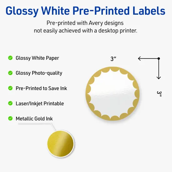 Avery Printable Round Labels, Gold Edge Dots, 3" Diameter, Glossy White Round Labels, Permanent, Laser/Inkjet, 60ct, Great for Product Labels {2}
