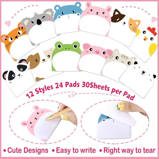 24 Pads Cute Sticky Notes Kawaii Fun Animal Sticky Notes Pads Bulk Cartoon Memo Self Adhesive for Veterinary Gift Office School Tab Animal Party Supplies(Classic Animals) {2}